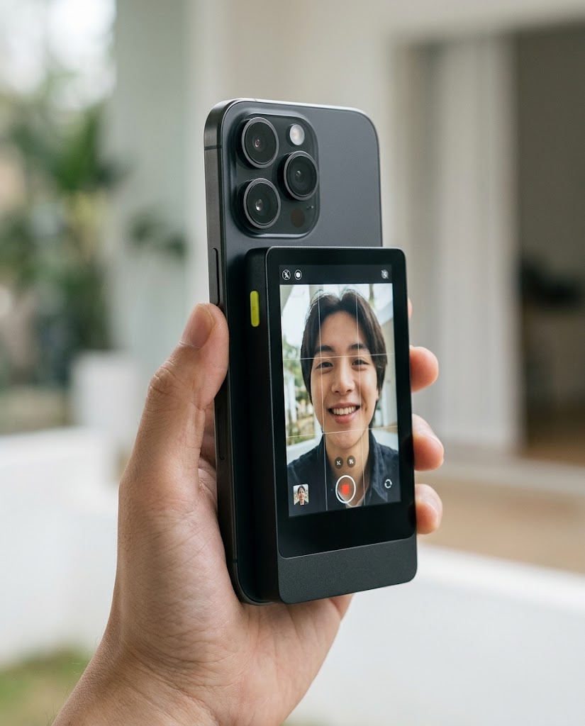 Monitor SnapView przypięty magnetycznie z tyłu telefonu, na ekranie widok selfie