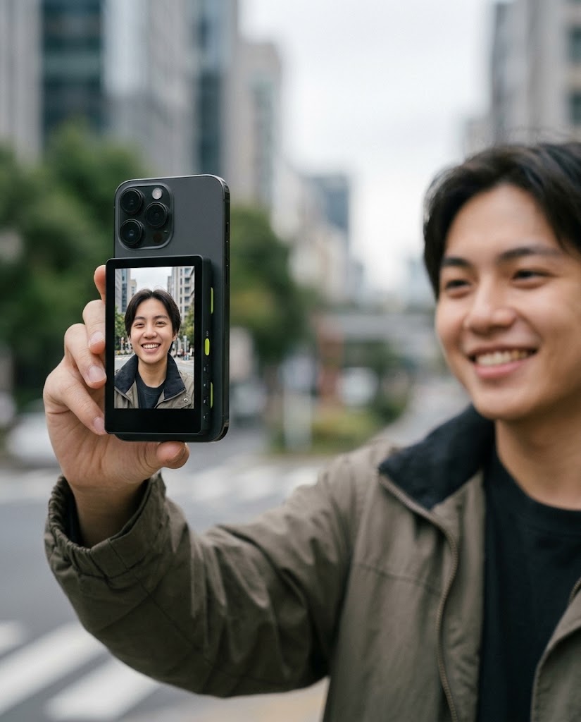 Mężczyzna robi selfie tylną kamerą telefonu z monitorem SnapView