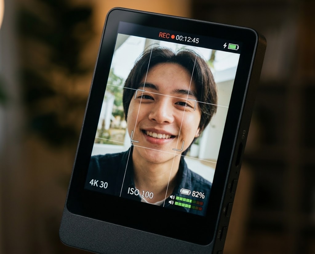 Zbliżenie na ekran monitora SnapView z kadrem twarzy i siatką trzecich