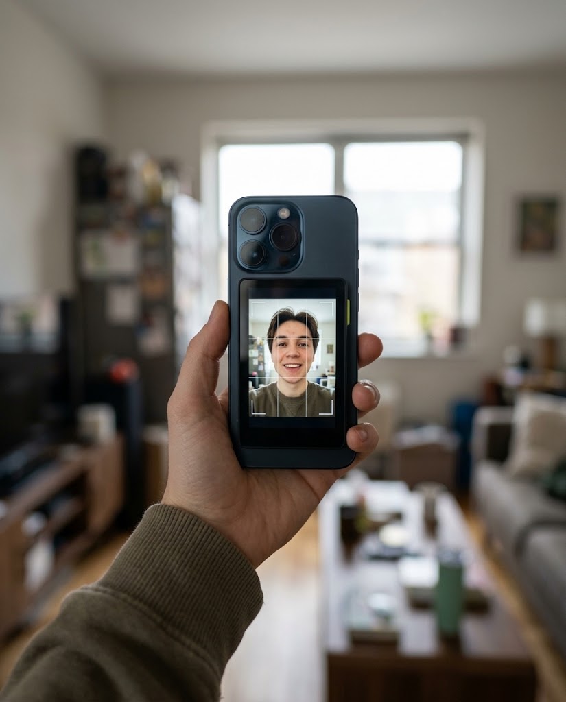 Dłoń trzyma telefon z przypiętym monitorem SnapView, na ekranie widać twarz użytkownika